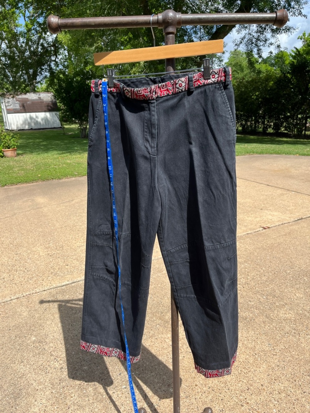 Vintage Unisex Black Pants with Red Patterned Trim